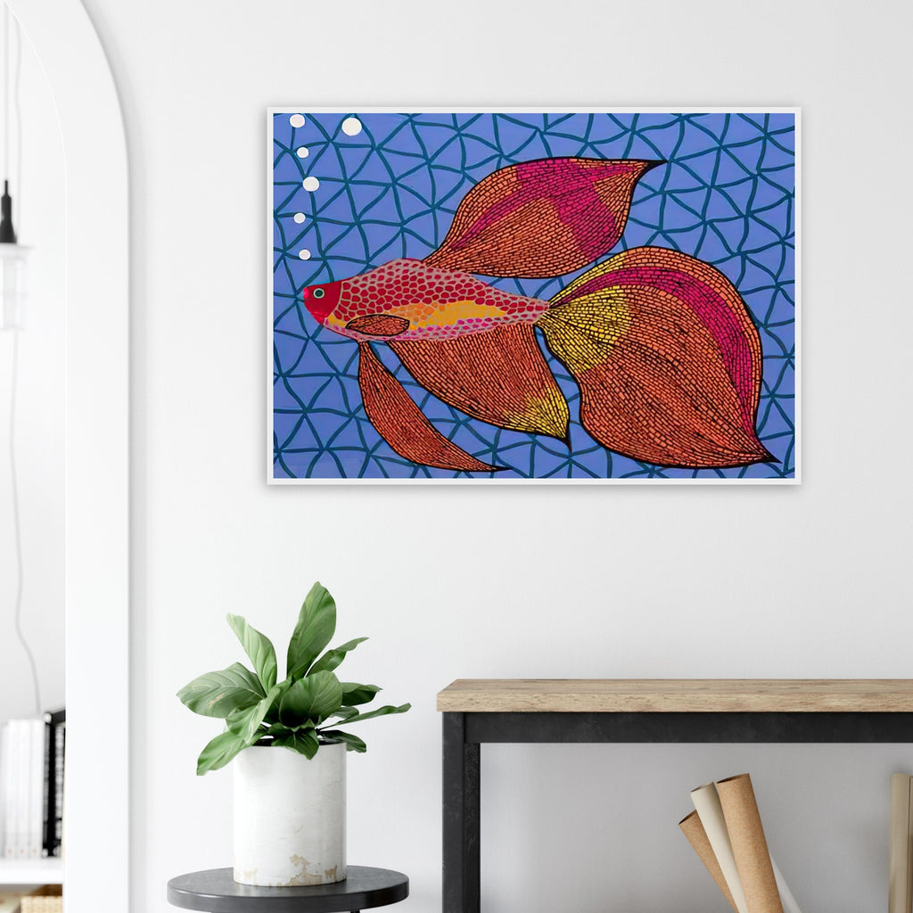 Yayoi Kusama framed print — Goldfish shifts Kusama’s attention from land-based motifs to an aquatic creature whose graceful outline invites a playful graphic treatment
