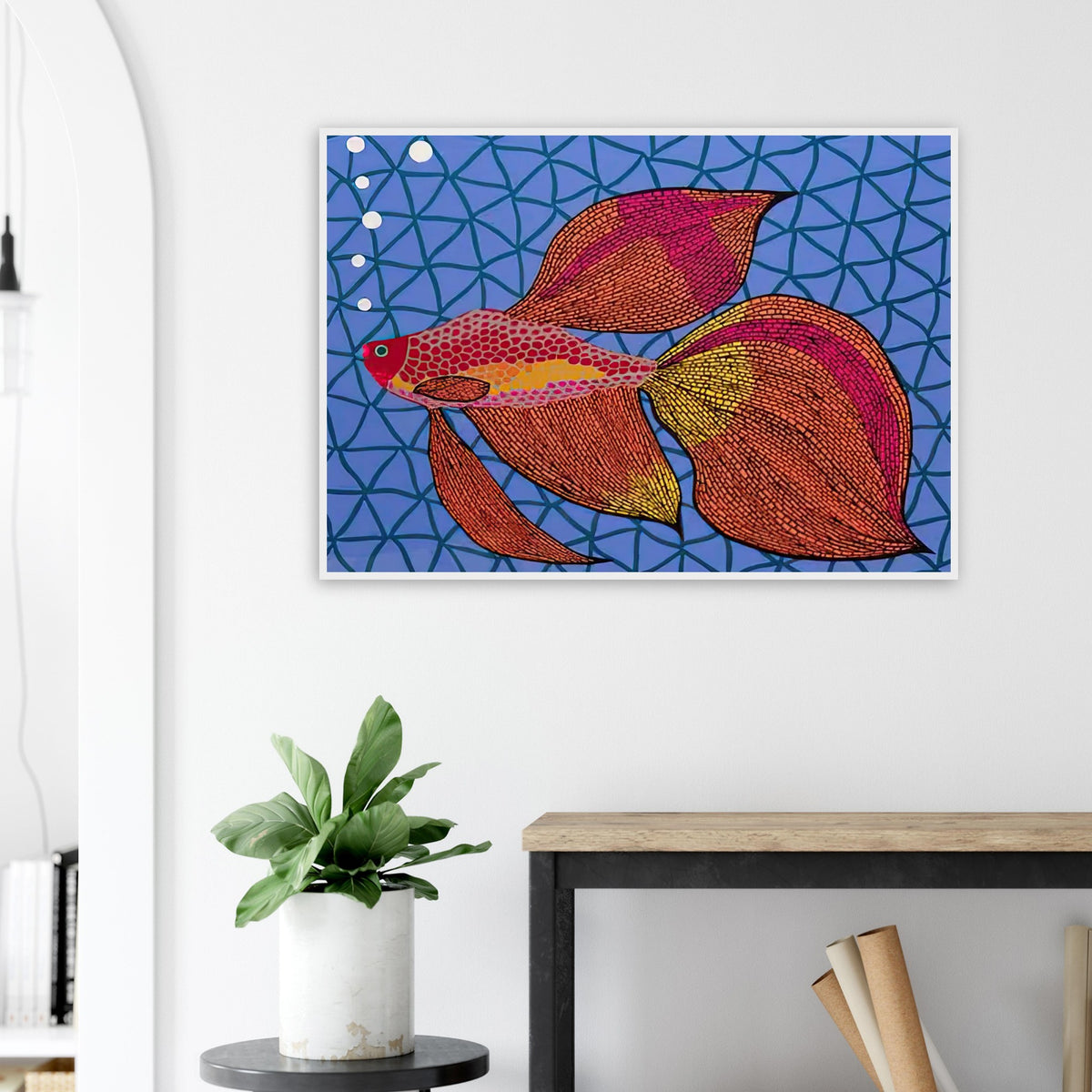 Yayoi Kusama framed print — Goldfish shifts Kusama’s attention from land-based motifs to an aquatic creature whose graceful outline invites a playful graphic treatment
