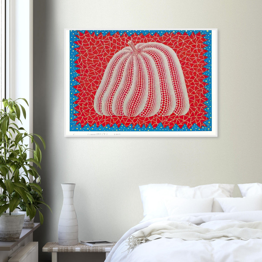 Yayoi Kusama framed print — Citrouille II from Amour pour Toujours gives Kusama’s beloved pumpkin a celebratory role within a portfolio devoted to love
