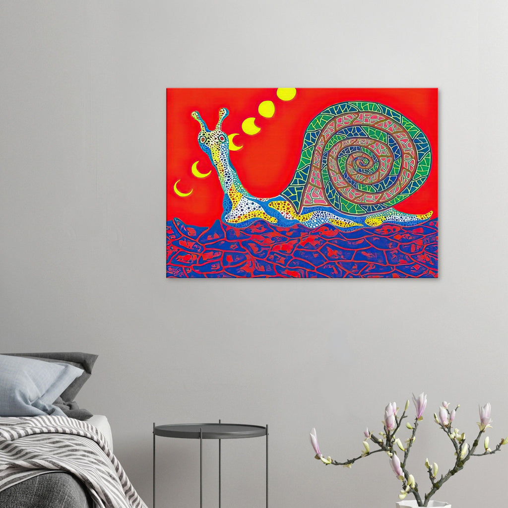 Yayoi Kusama canvas print — Snail takes a slow-moving creature and makes its spiral shell and delicate movement the center of attention