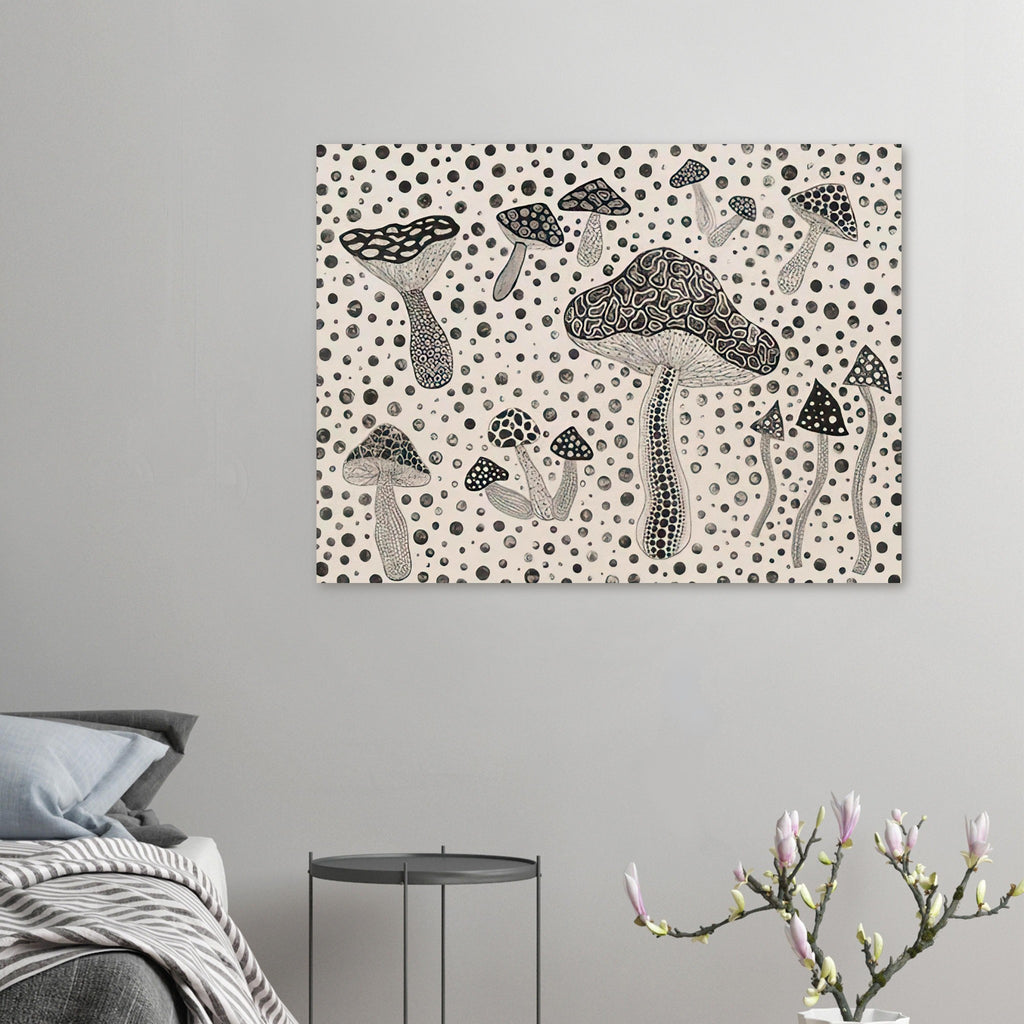 Yayoi Kusama poster — Mushrooms brings a humble woodland organism into Kusama’s world of organic growth and proliferating forms