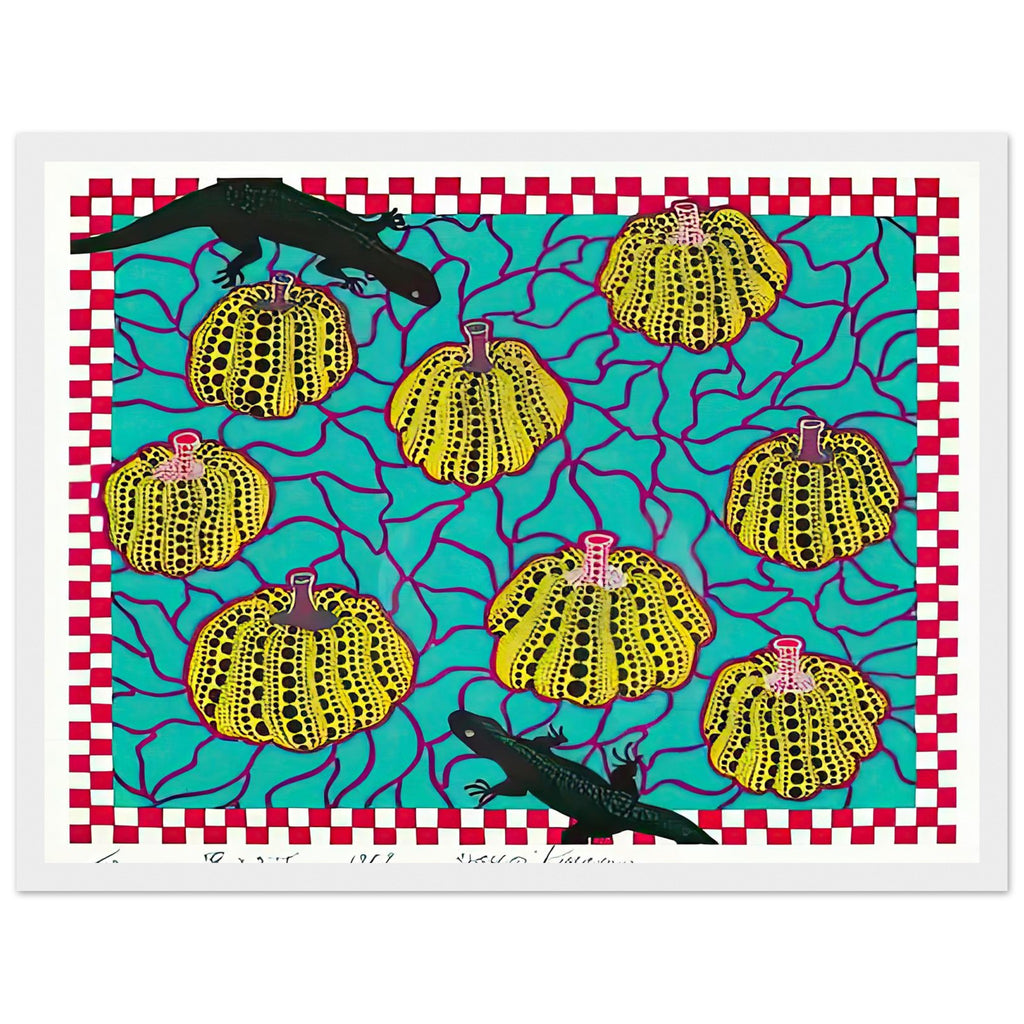Yayoi Kusama framed print — Black Lizards introduces a less familiar animal motif into Kusama’s vocabulary of living creatures and repeating patterns, white frame, 30x40 cm / 12x16″