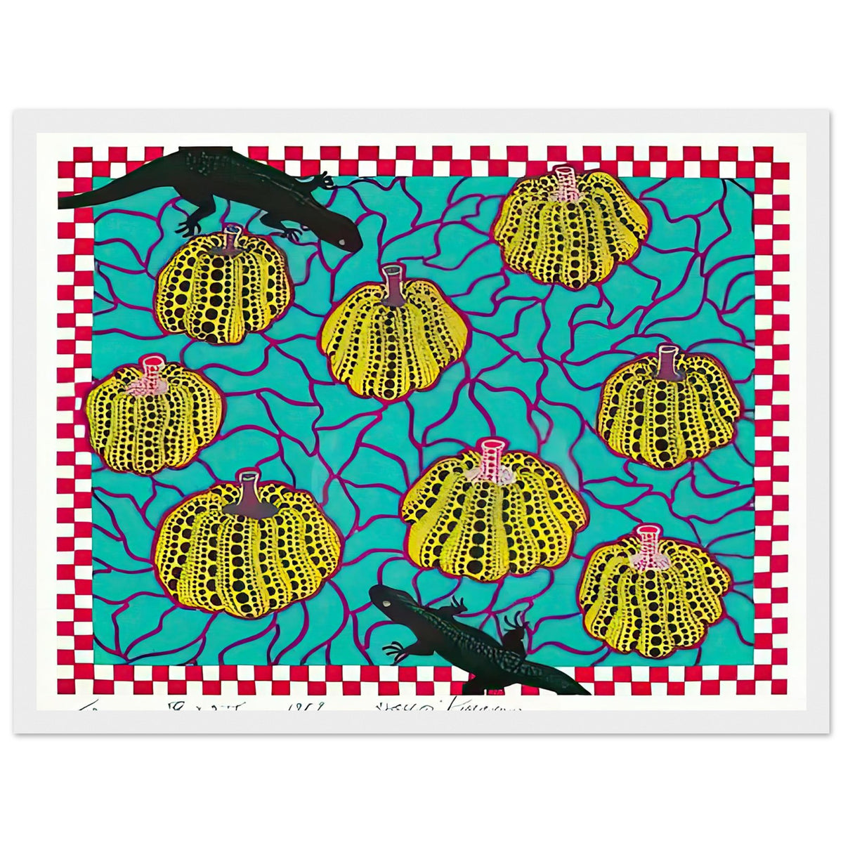 Yayoi Kusama framed print — Black Lizards introduces a less familiar animal motif into Kusama’s vocabulary of living creatures and repeating patterns, white frame, 30x40 cm / 12x16″