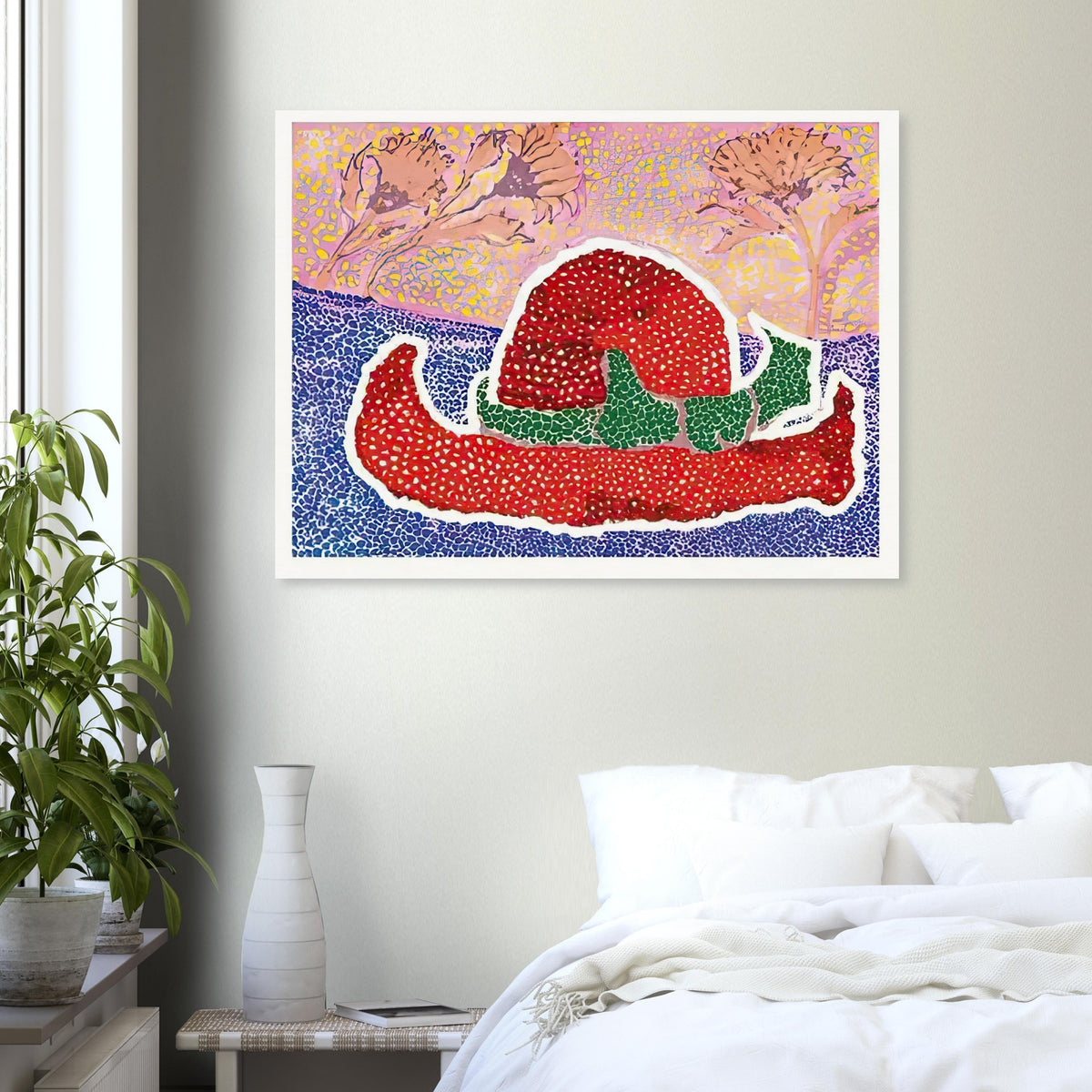 Yayoi Kusama poster — Hat Left Behind in the Field turns an unattended accessory into a scene with an implied human presence