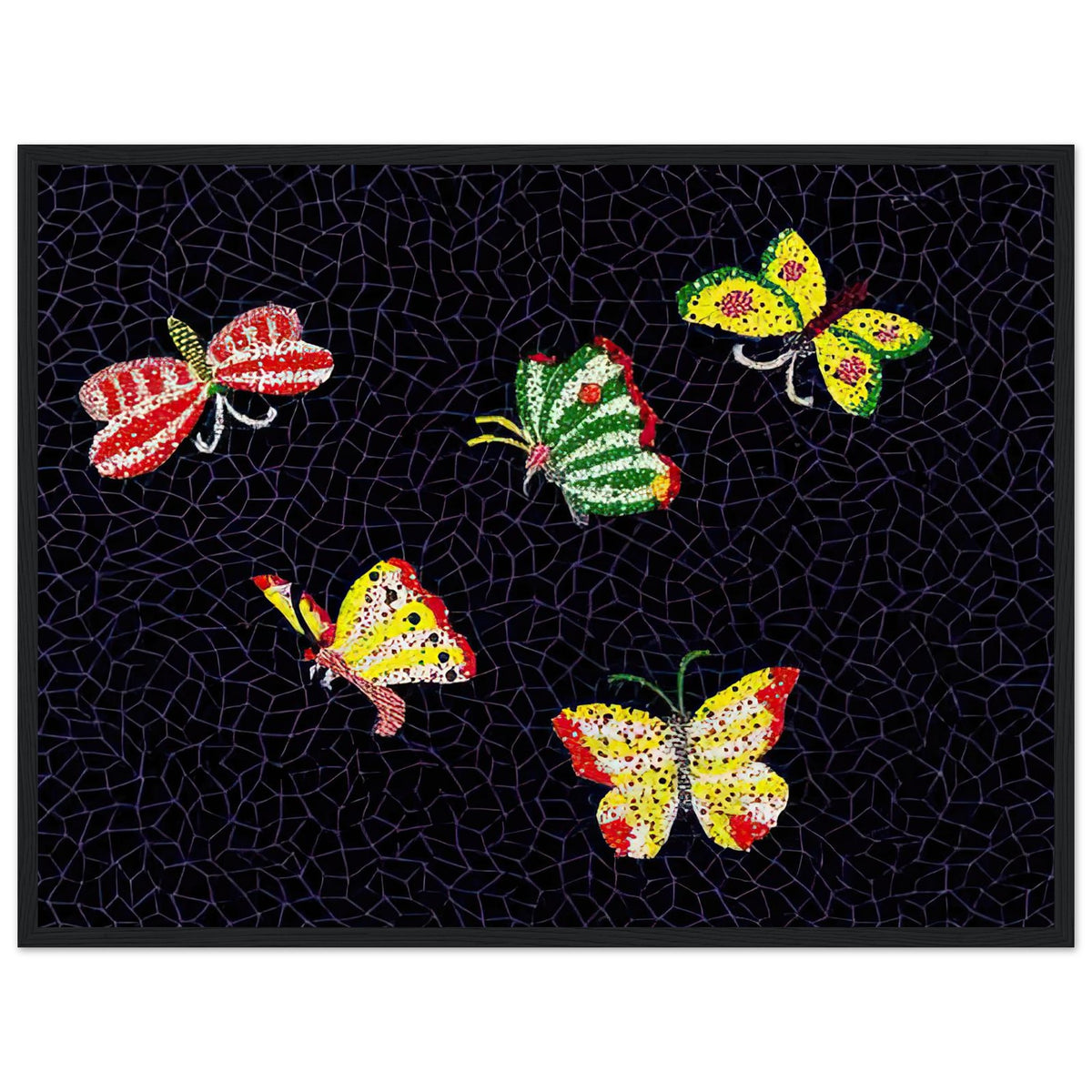 Yayoi Kusama framed print — Butterfly [Kusama 82] by Yayoi Kusama takes the lightness of a butterfly and gives it graphic intensity through pattern, black frame, 45x60 cm / 18x24″