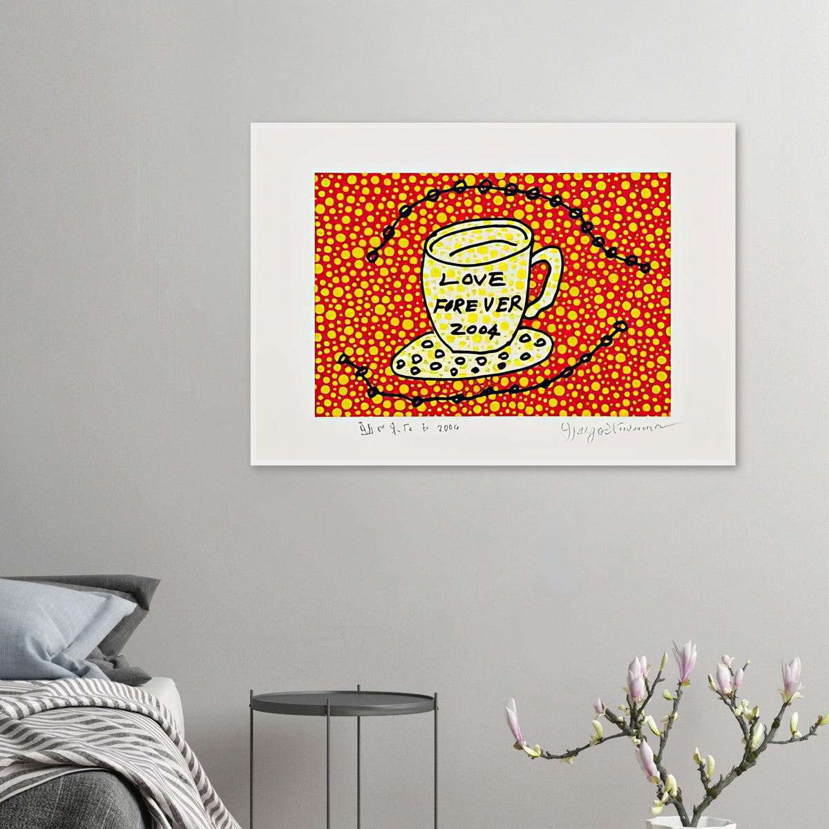 Yayoi Kusama framed print — Morning Is Here (E) joins a series of compact 2004 prints in which the beginning of the day becomes a subject for personal symbols and tightly controlled graphic