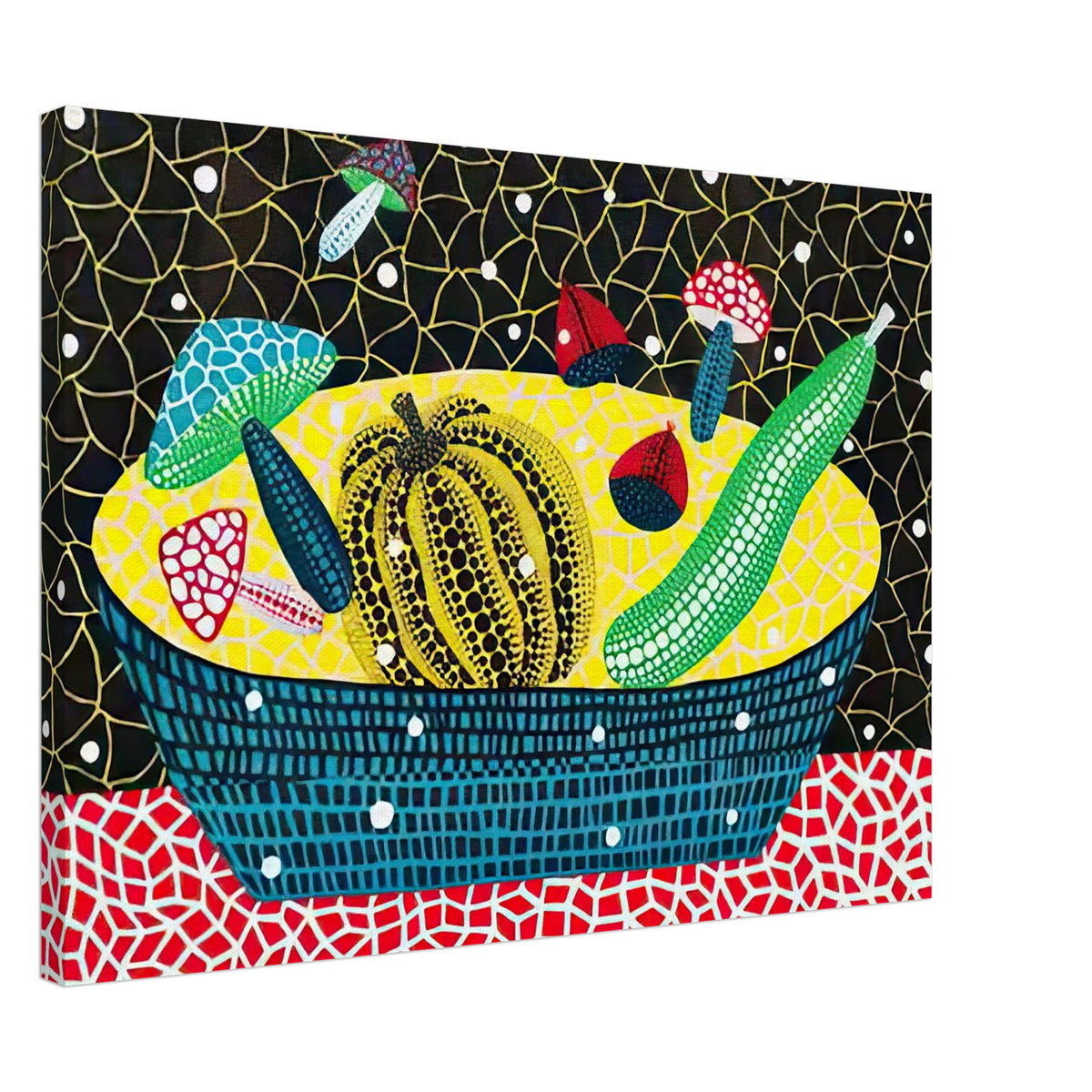 Yayoi Kusama canvas print — Fruits (2) turns an arrangement of fruit into a deliberately ornamental still life, 50x70 cm / 20x28″