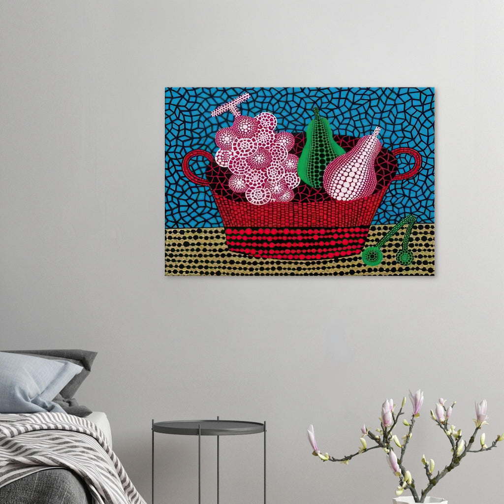 Yayoi Kusama canvas print — Panier de Fruits II from Amour pour Toujours turns a basket of fruit into a lively decorative still life