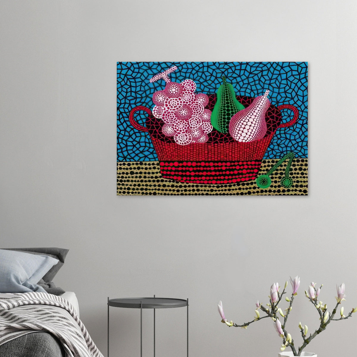 Yayoi Kusama canvas print — Panier de Fruits II from Amour pour Toujours turns a basket of fruit into a lively decorative still life