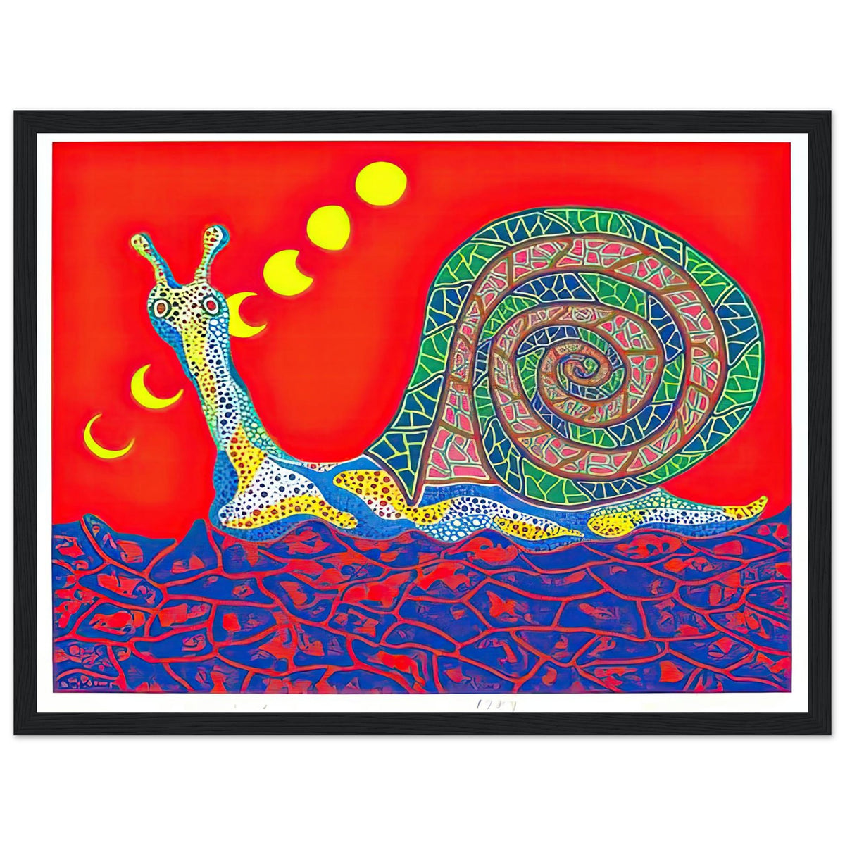 Yayoi Kusama framed print — Snail takes a slow-moving creature and makes its spiral shell and delicate movement the center of attention, black frame, 30x40 cm / 12x16″