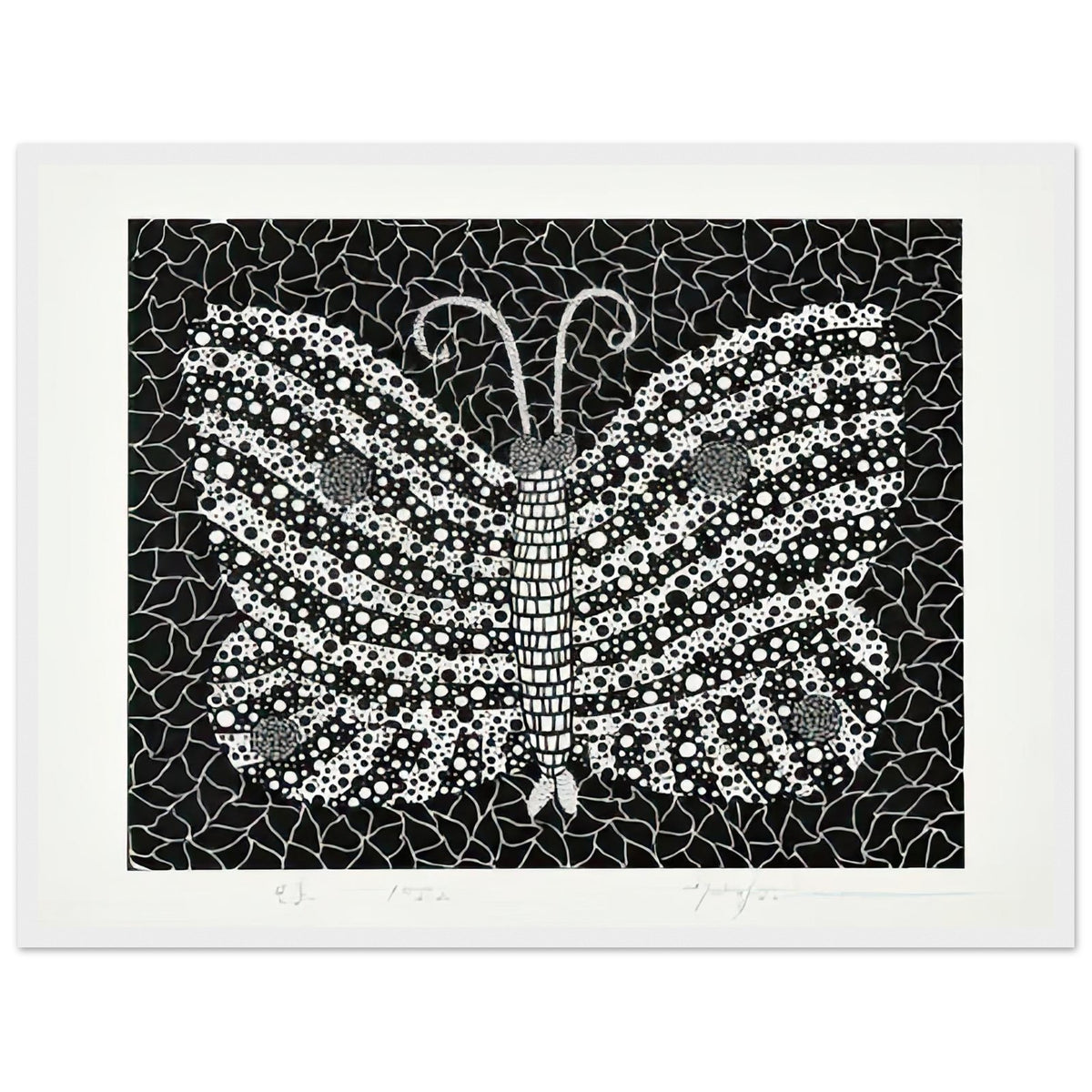 Yayoi Kusama framed print — Butterfly [Kusama 18] by Yayoi Kusama takes the lightness of a butterfly and gives it graphic intensity through pattern, white frame, 45x60 cm / 18x24″