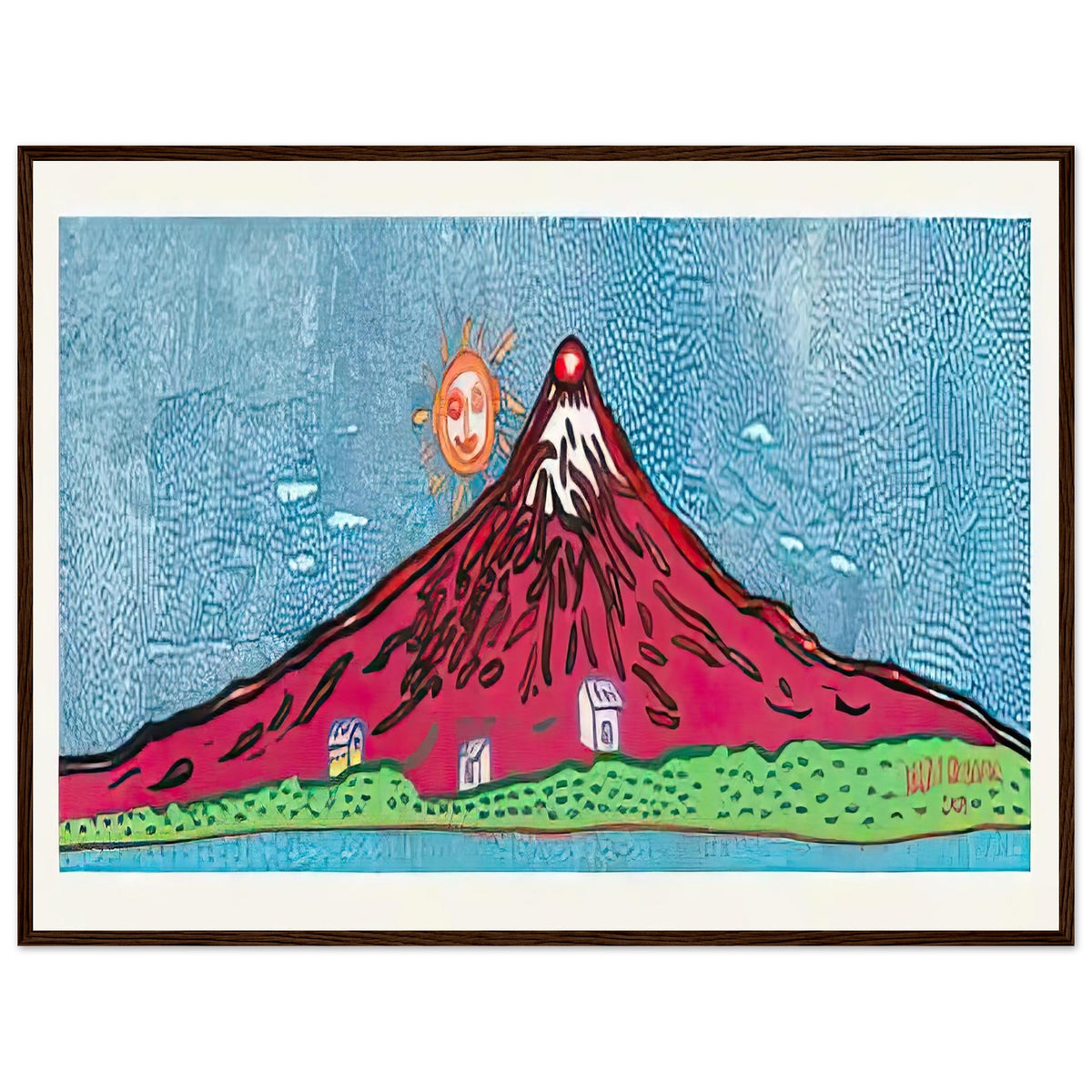 Yayoi Kusama framed print — Mt. Fuji in Seven Colours: Mt. Fuji I Love is Kusama’s red interpretation of the celebrated Japanese mountain. The, dark wood frame, 60x80 cm / 24x32″