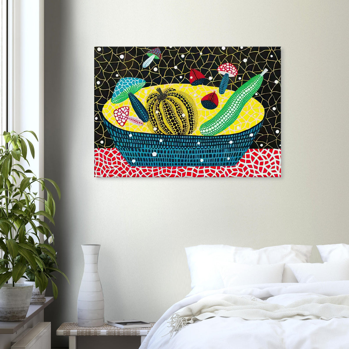 Yayoi Kusama canvas print — Fruits (2) turns an arrangement of fruit into a deliberately ornamental still life