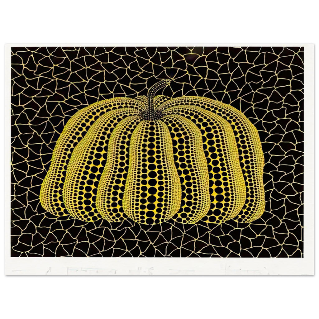 Yayoi Kusama poster — Pumpkin (YB-B) [Kusama 327] revisits Kusama’s best-known vegetable through the relationship between its distinctive form and repeating ornament, 15x20 cm / 6x8″