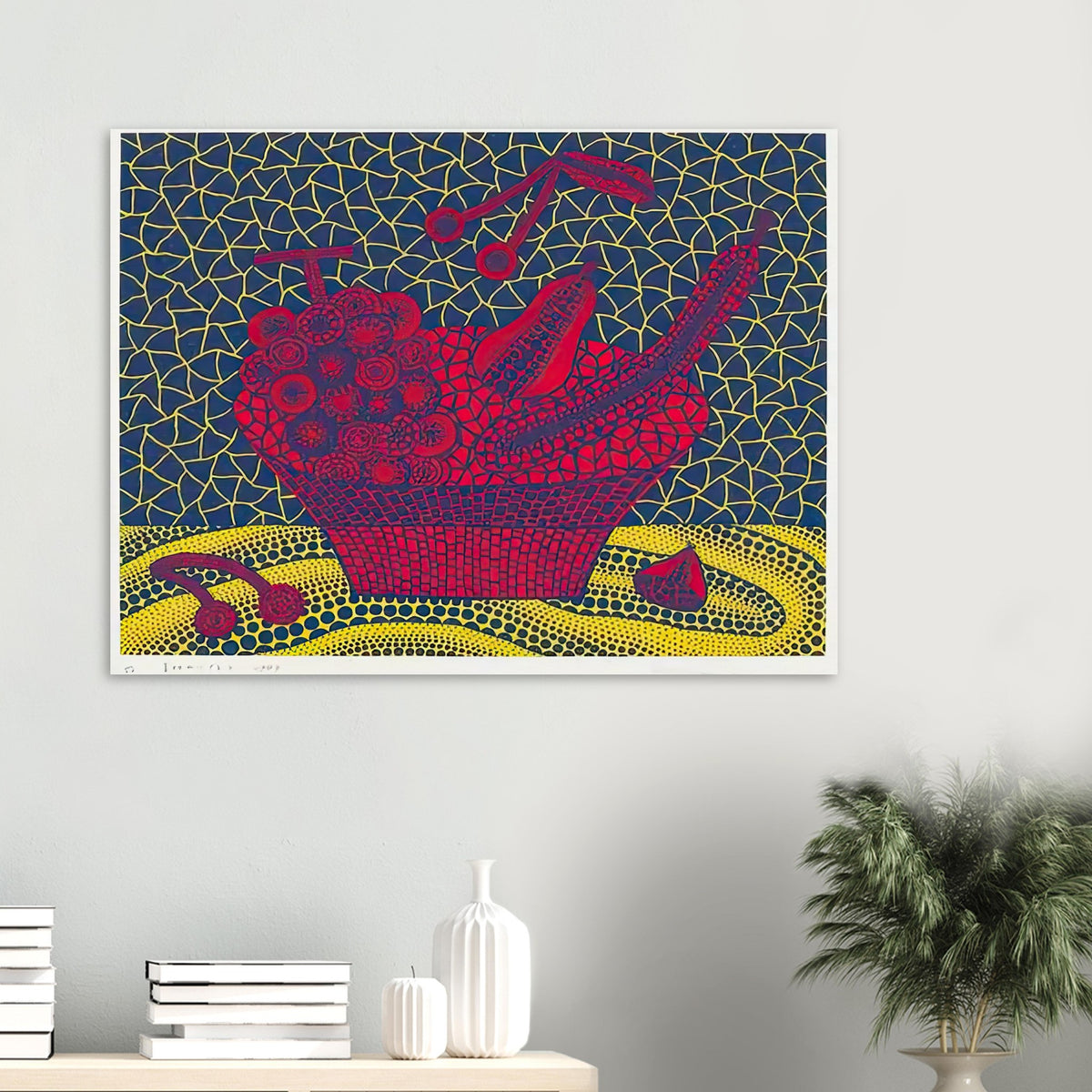 Yayoi Kusama poster — Fruit Basket (5) by Yayoi Kusama explores one of the artist’s recurring subjects: the abundance of ordinary fruit