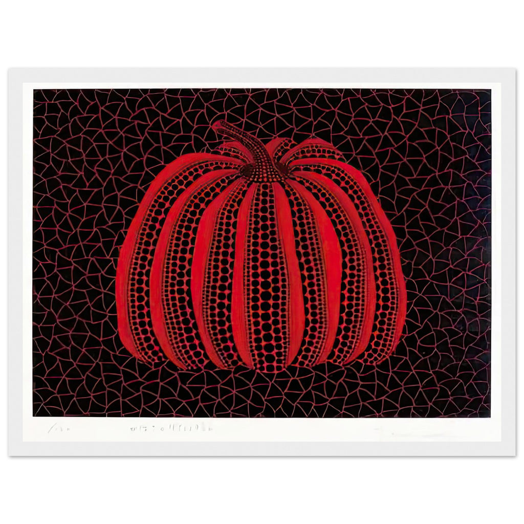 Yayoi Kusama framed print — Pumpkin (RY) [Kusama 233] revisits Kusama’s best-known vegetable through the relationship between its distinctive form and repeating ornament, white frame, 30x40 cm / 12x16″