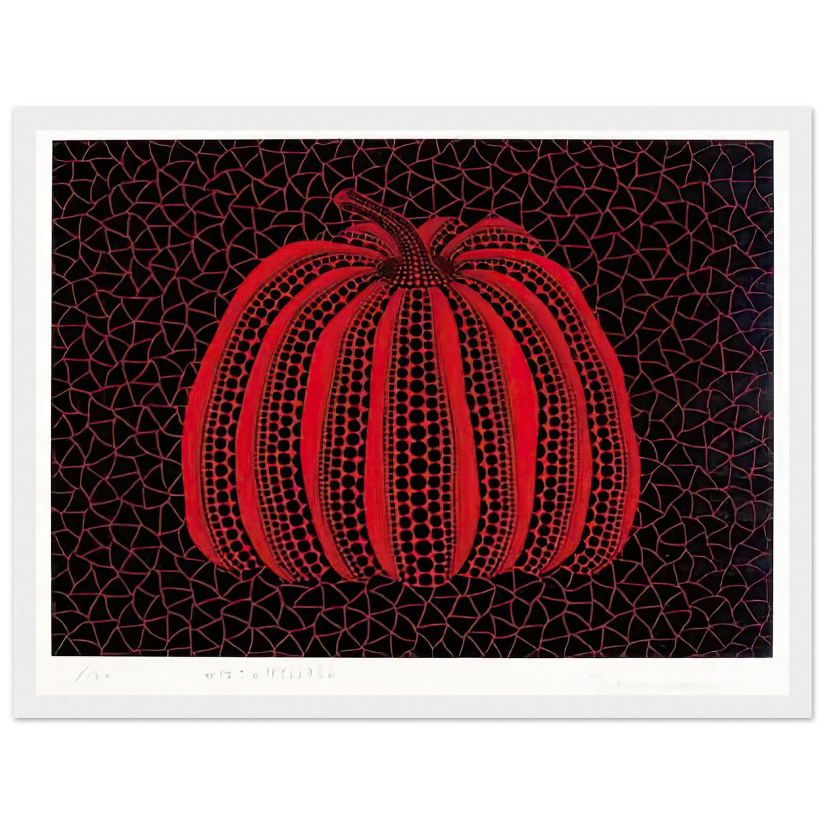 Yayoi Kusama framed print — Pumpkin (RY) [Kusama 233] revisits Kusama’s best-known vegetable through the relationship between its distinctive form and repeating ornament, white frame, 30x40 cm / 12x16″