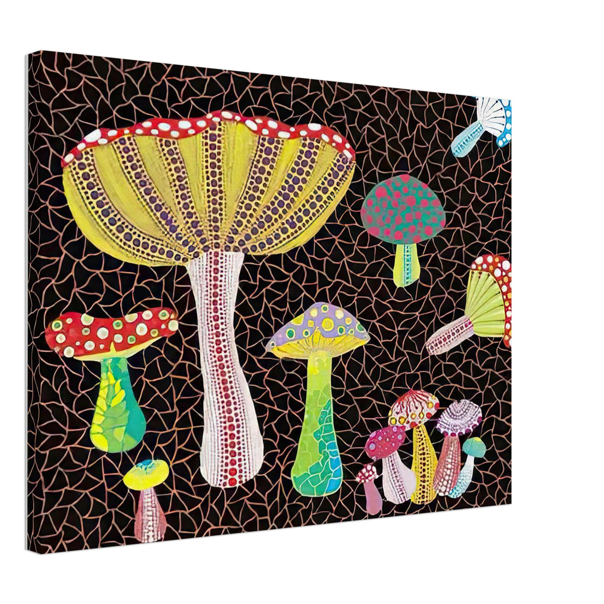 Yayoi Kusama canvas print — Toadstools explores the eccentric shapes of woodland fungi, balancing rounded caps and slender supports, 45x60 cm / 18x24″