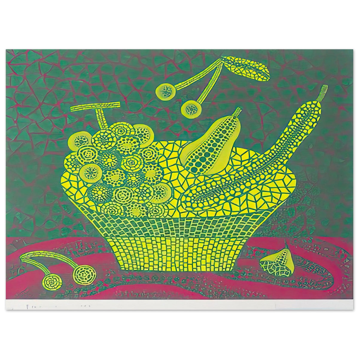 Yayoi Kusama poster — Fruit Basket (4) by Yayoi Kusama explores one of the artist’s recurring subjects: the abundance of ordinary fruit, 15x20 cm / 6x8″