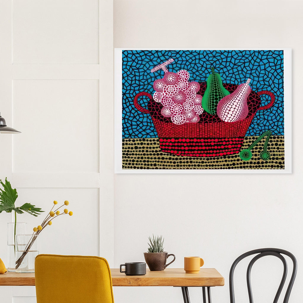 Yayoi Kusama framed print — Panier de Fruits II from Amour pour Toujours turns a basket of fruit into a lively decorative still life