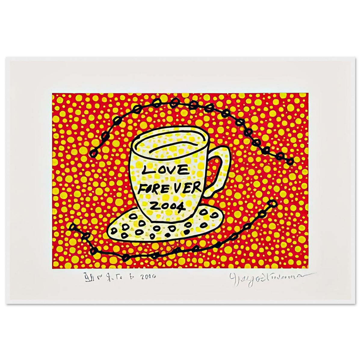 Yayoi Kusama framed print — Morning Is Here (E) joins a series of compact 2004 prints in which the beginning of the day becomes a subject for personal symbols and tightly controlled graphic, white frame, 70x100 cm / 28x40″