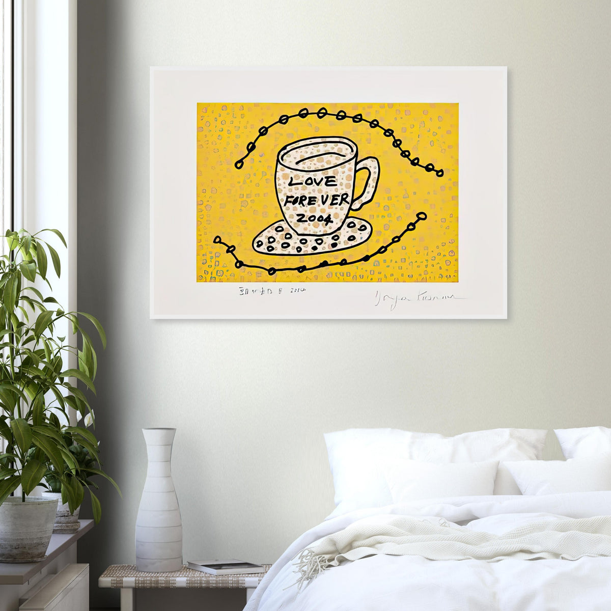 Yayoi Kusama framed print — Morning Is Here (B) joins a series of compact 2004 prints in which the beginning of the day becomes a subject for personal symbols and tightly controlled graphic