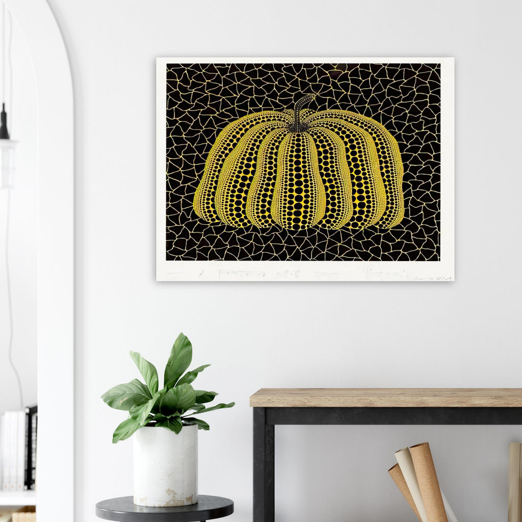 Yayoi Kusama poster — Pumpkin (YB-B) [Kusama 327] revisits Kusama’s best-known vegetable through the relationship between its distinctive form and repeating ornament