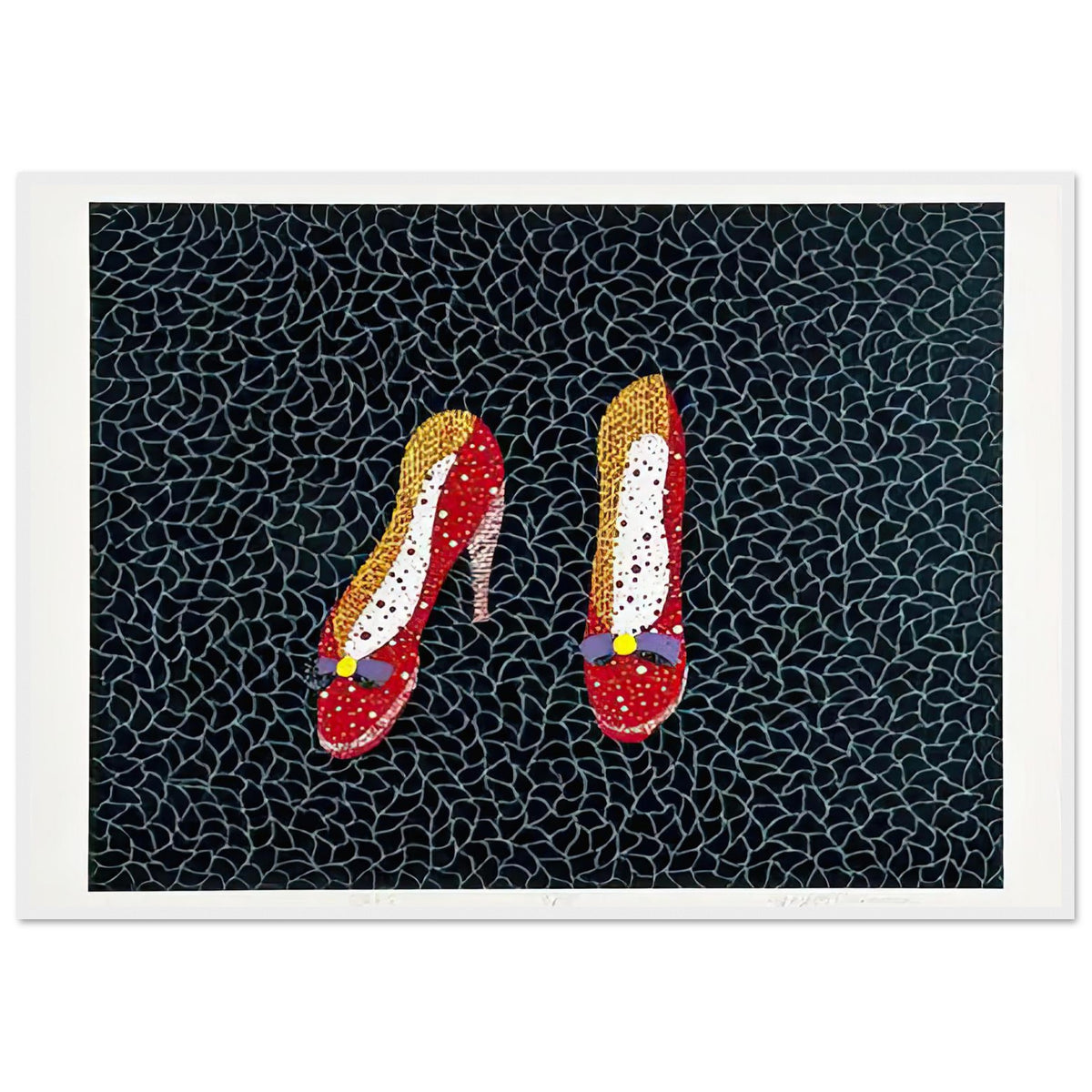 Yayoi Kusama framed print — Shoes (2) turns a footwear object into an image about shape, balance and individuality, white frame, 70x100 cm / 28x40″