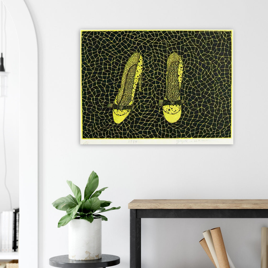 Yayoi Kusama poster — Shoes (3) turns a footwear object into an image about shape, balance and individuality