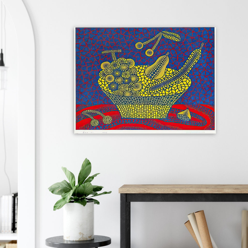 Yayoi Kusama poster — Fruit Basket (1) by Yayoi Kusama explores one of the artist’s recurring subjects: the abundance of ordinary fruit