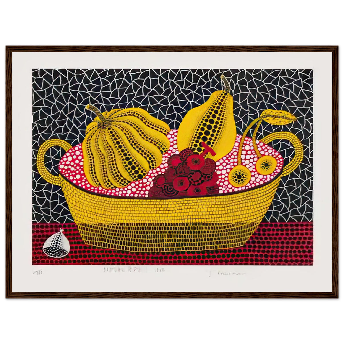 Yayoi Kusama framed print — Pumpkin and Fruits brings a dotted pumpkin into a richly populated still life rather than isolating the gourd on its own, dark wood frame, 45x60 cm / 18x24″