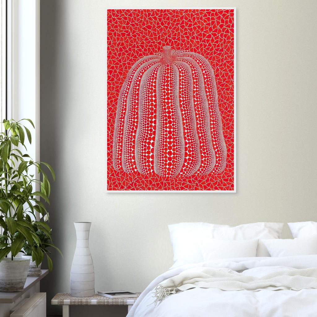 Yayoi Kusama framed print — This red pumpkin image uses a familiar gourd as the foundation for an especially vivid statement