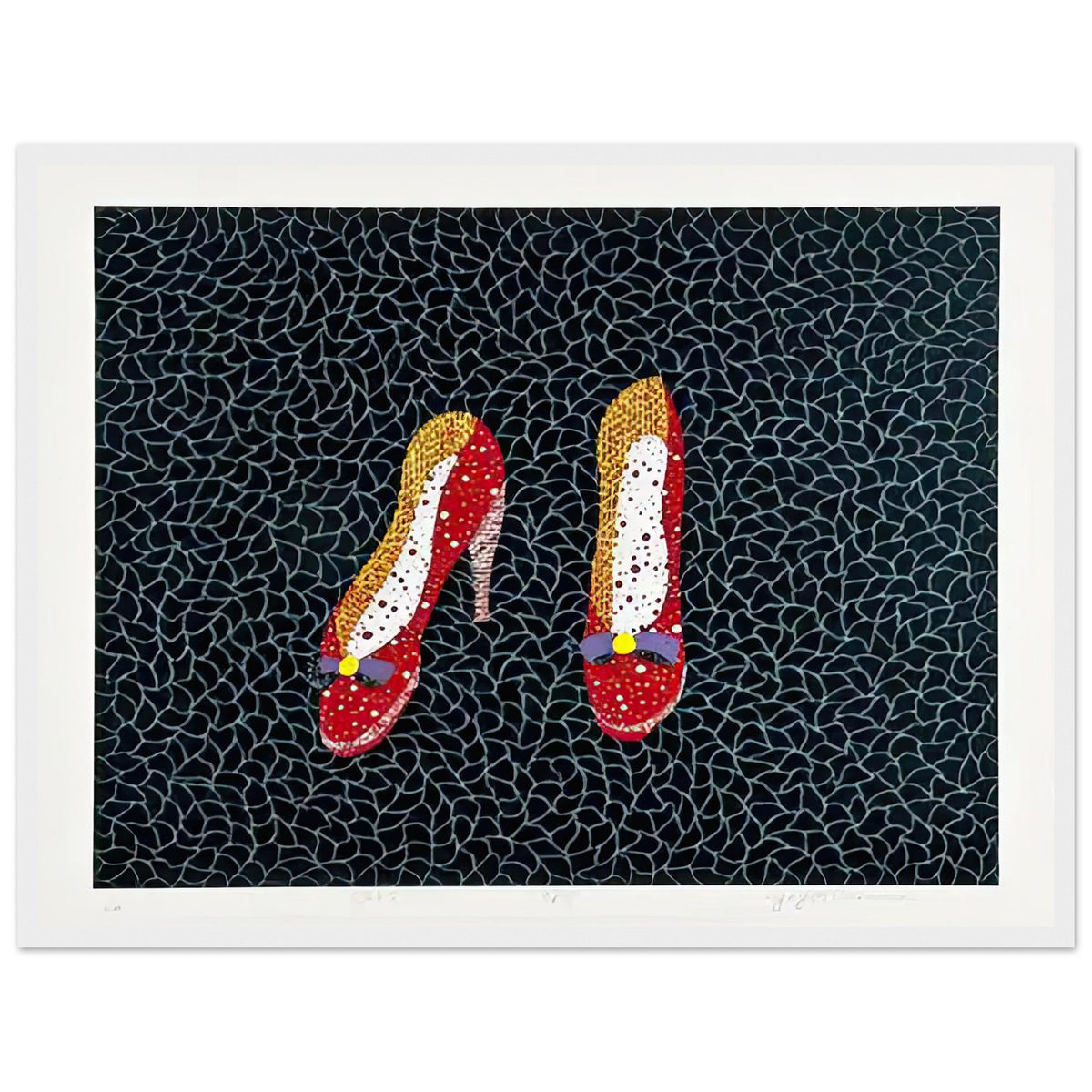 Yayoi Kusama framed print — Shoes (2) turns a footwear object into an image about shape, balance and individuality, white frame, 45x60 cm / 18x24″