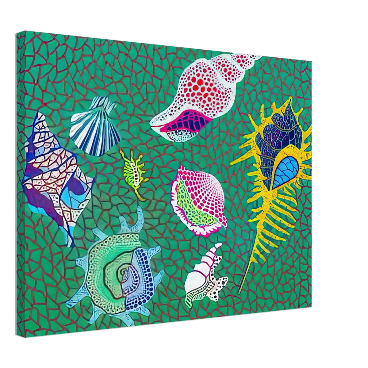 Yayoi Kusama canvas print — Shells draws attention to small natural objects whose curved structures and repeating ridges are already pattern-like, 45x60 cm / 18x24″