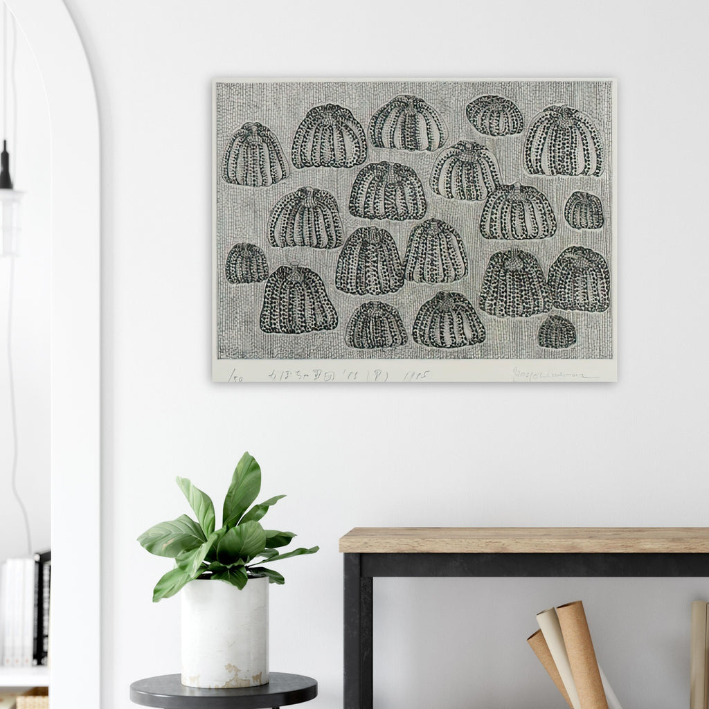 Yayoi Kusama poster — Pumpkin Army (black and white) turns a single familiar vegetable into a collective presence