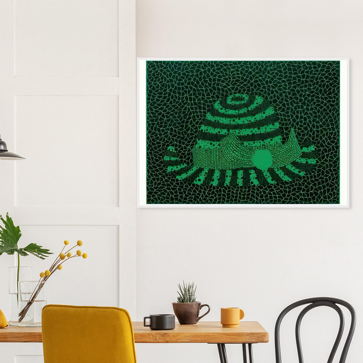 Yayoi Kusama framed print — Hat (Green) presents a familiar accessory as an exercise in changing color and graphic character