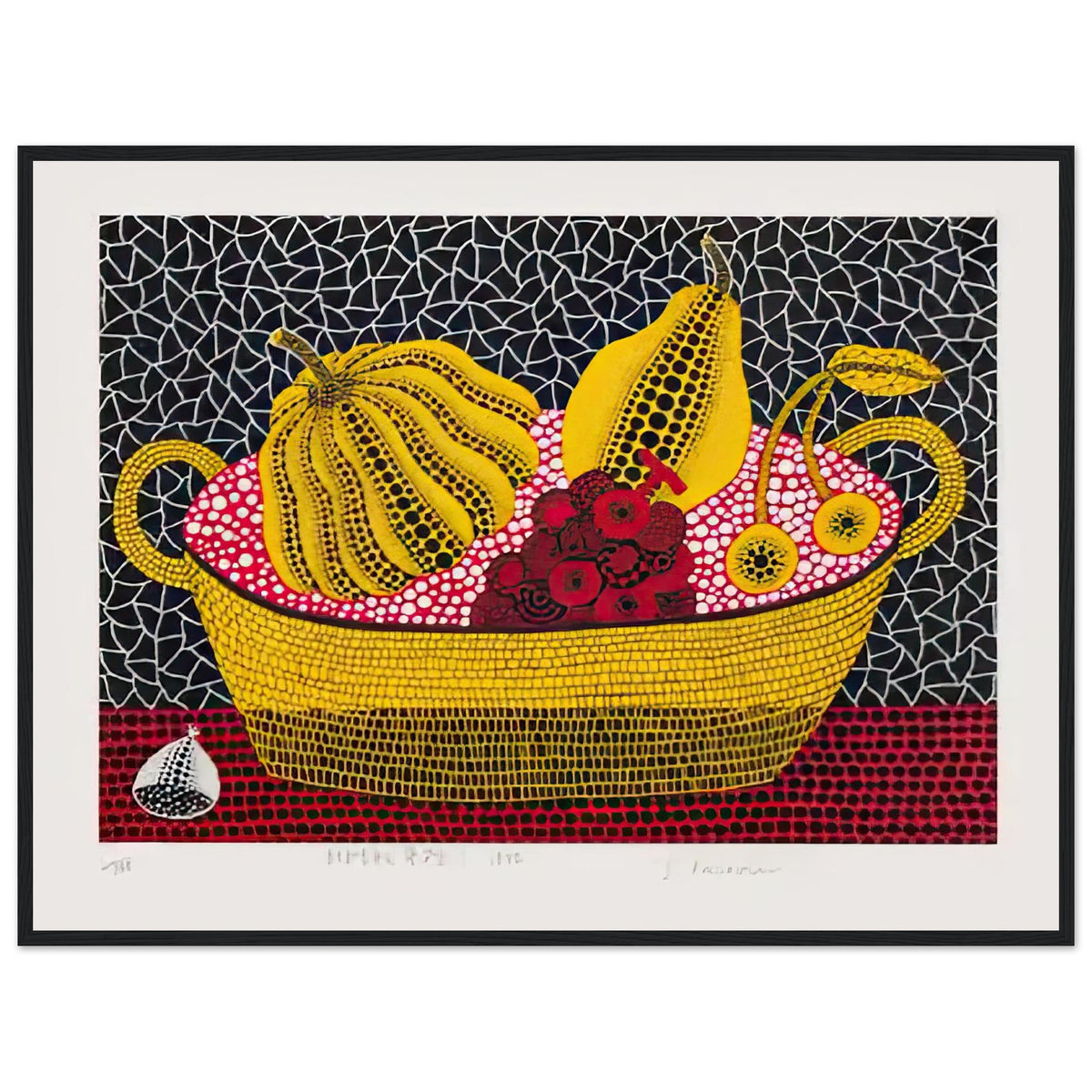 Yayoi Kusama framed print — Pumpkin and Fruits brings a dotted pumpkin into a richly populated still life rather than isolating the gourd on its own, black frame, 60x80 cm / 24x32″
