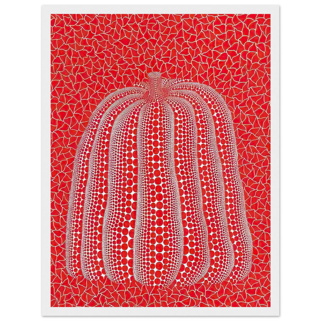 Yayoi Kusama framed print — This red pumpkin image uses a familiar gourd as the foundation for an especially vivid statement, white frame, 30x40 cm / 12x16″