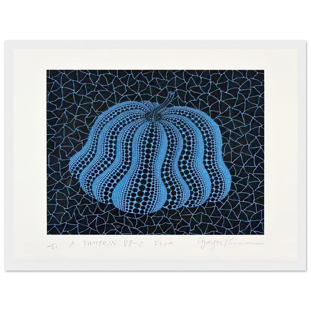 Yayoi Kusama framed print — Pumpkin (BB-C) [Kusama 330] revisits Kusama’s best-known vegetable through the relationship between its distinctive form and repeating ornament, white frame, 30x40 cm / 12x16″