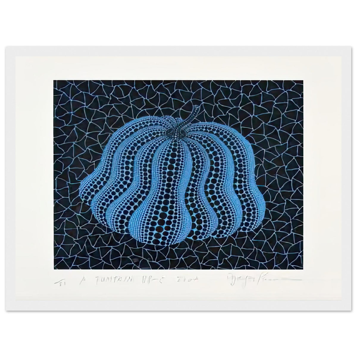 Yayoi Kusama framed print — Pumpkin (BB-C) [Kusama 330] revisits Kusama’s best-known vegetable through the relationship between its distinctive form and repeating ornament, white frame, 30x40 cm / 12x16″
