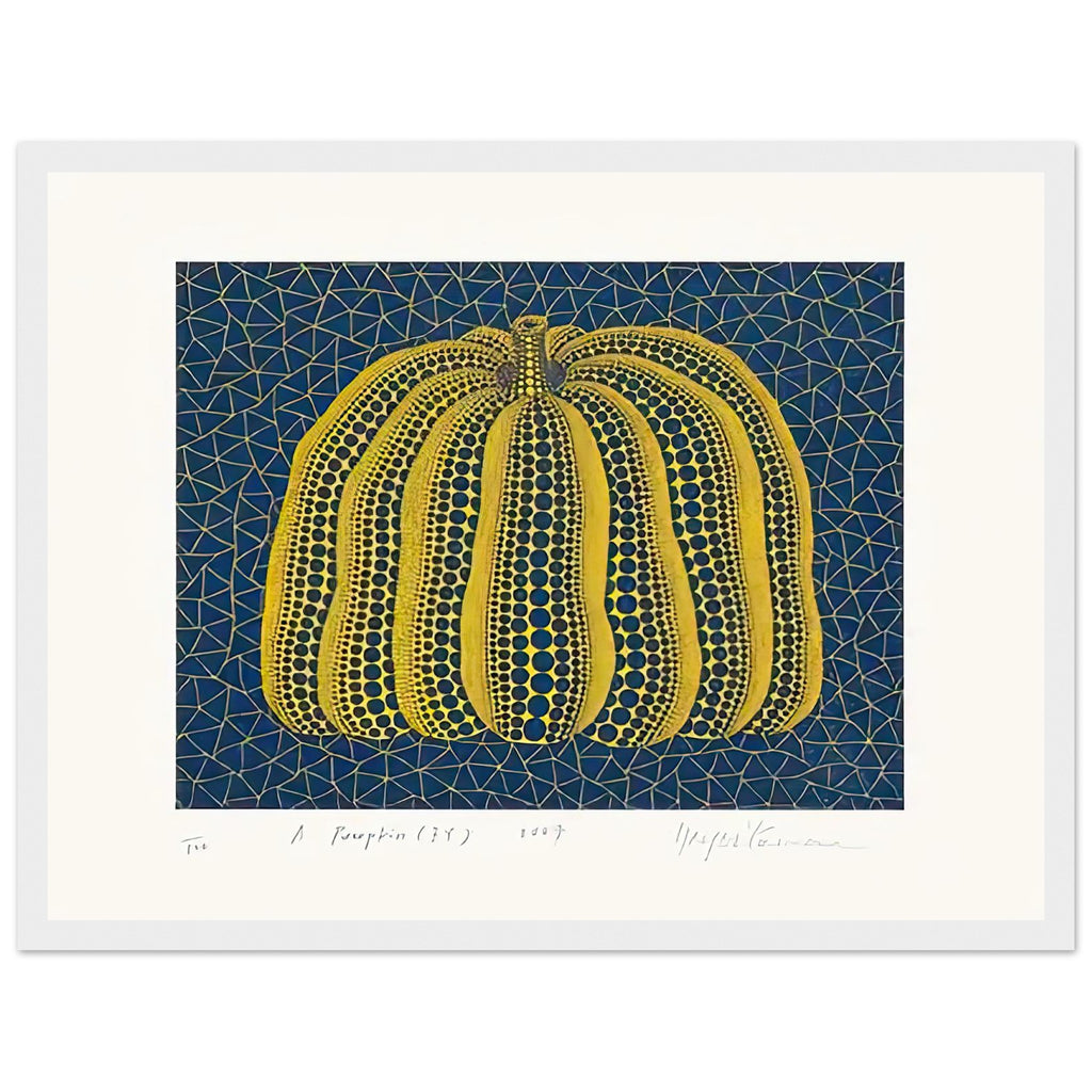 Yayoi Kusama framed print — Pumpkin (BY) [Kusama 319] revisits Kusama’s best-known vegetable through the relationship between its distinctive form and repeating ornament, white frame, 30x40 cm / 12x16″