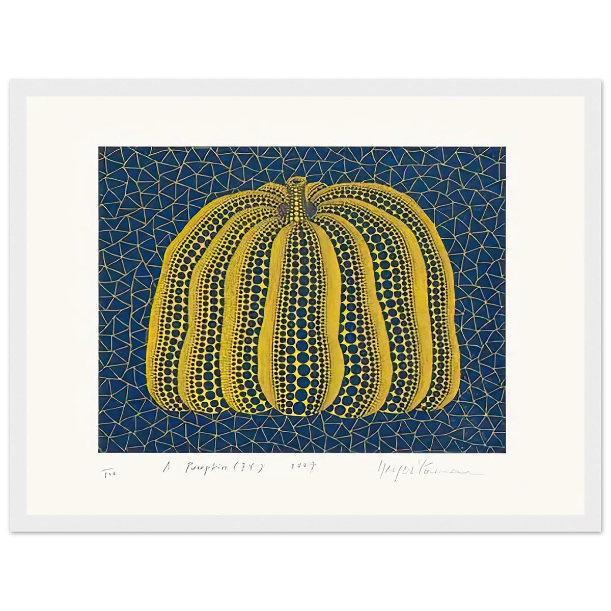 Yayoi Kusama framed print — Pumpkin (BY) [Kusama 319] revisits Kusama’s best-known vegetable through the relationship between its distinctive form and repeating ornament, white frame, 30x40 cm / 12x16″