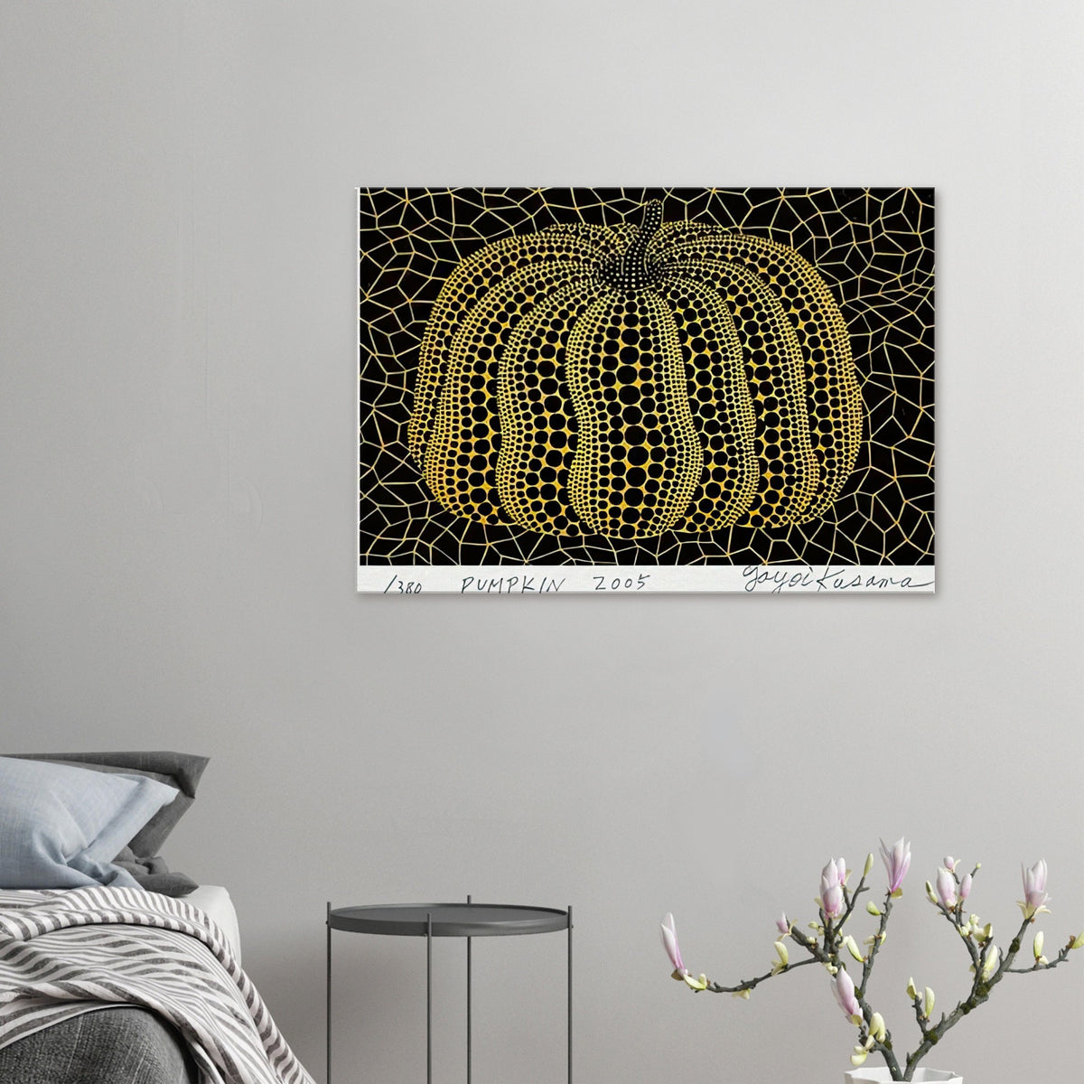 Yayoi Kusama canvas print — Pumpkin places the rounded gourd at the center of Kusama’s visual imagination, treating a humble vegetable as an individual character