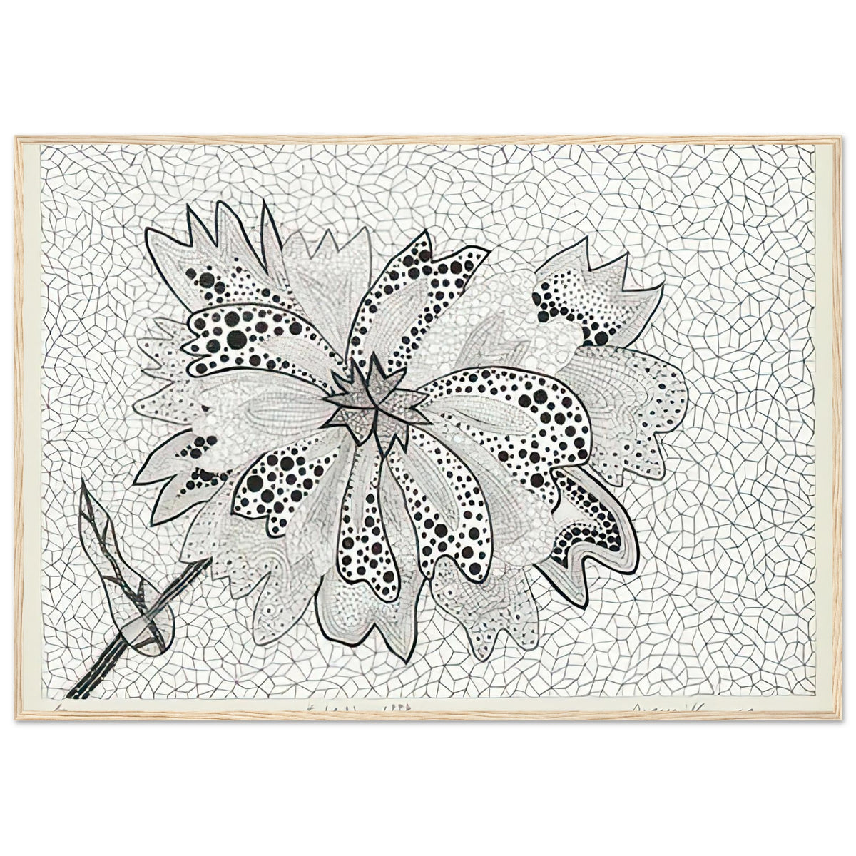 Yayoi Kusama framed print — Flower (A–B) places two designated botanical variations together in a single listing, wood frame, 70x100 cm / 28x40″