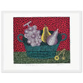 Yayoi Kusama framed print — Panier de Fruits I from Amour pour Toujours turns a basket of fruit into a lively decorative still life, white frame, 30x40 cm / 12x16″