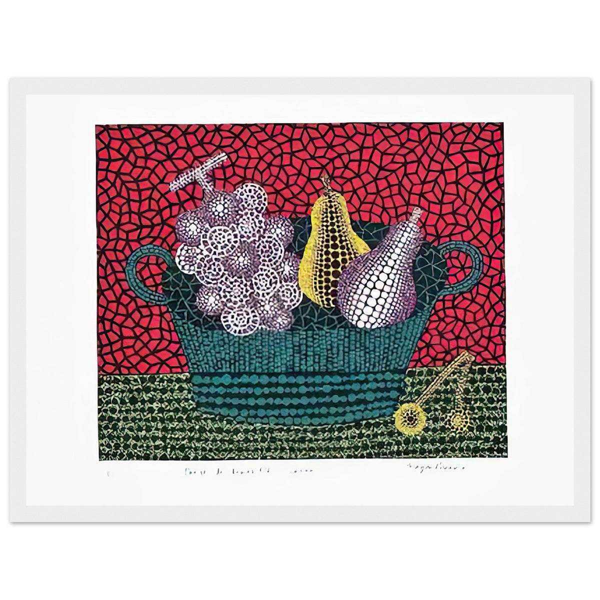 Yayoi Kusama framed print — Panier de Fruits I from Amour pour Toujours turns a basket of fruit into a lively decorative still life, white frame, 30x40 cm / 12x16″