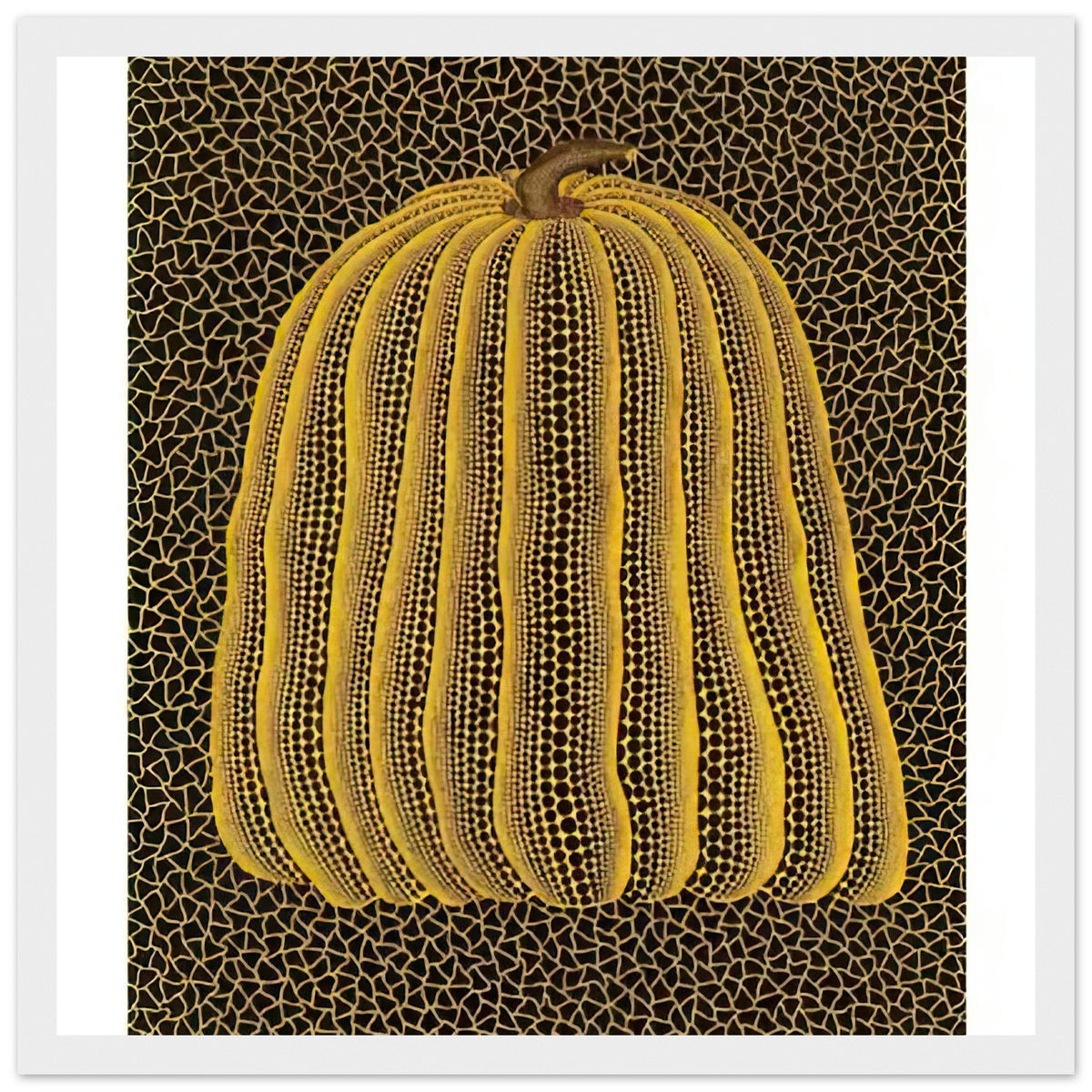 Yayoi Kusama framed print — Pumpkin (Yellow T, Kusama 147) belongs to the yellow pumpkin family that has become central to Kusama’s international image, white frame, 30x30 cm / 12x12″