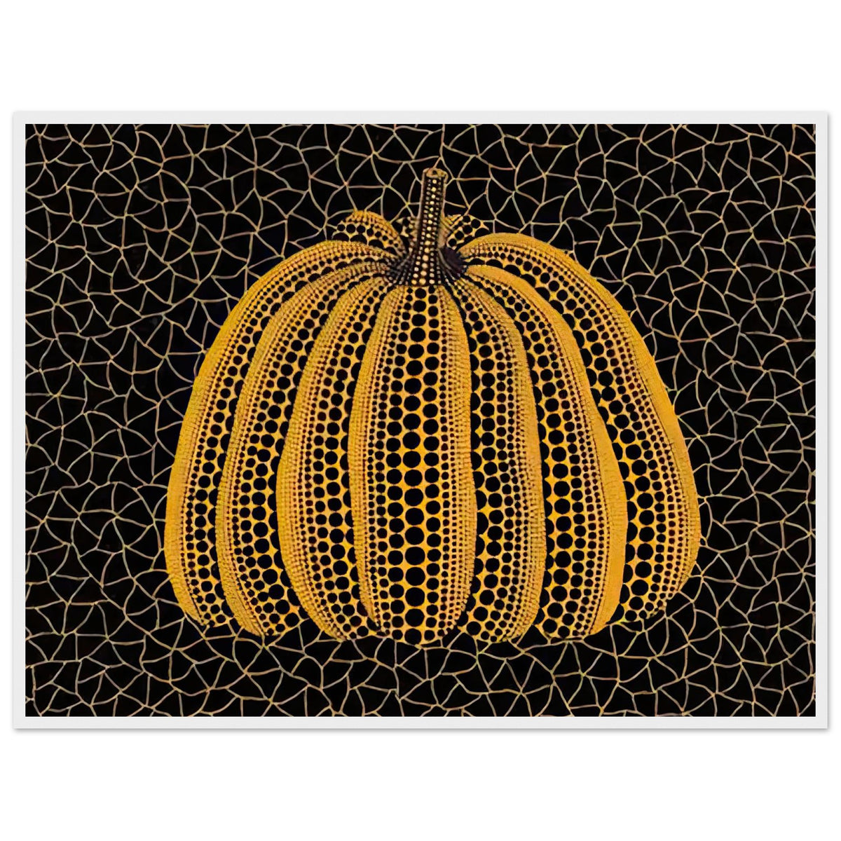 Yayoi Kusama framed print — Pumpkin (YY) [Kusama 231] revisits Kusama’s best-known vegetable through the relationship between its distinctive form and repeating ornament, white frame, 60x80 cm / 24x32″