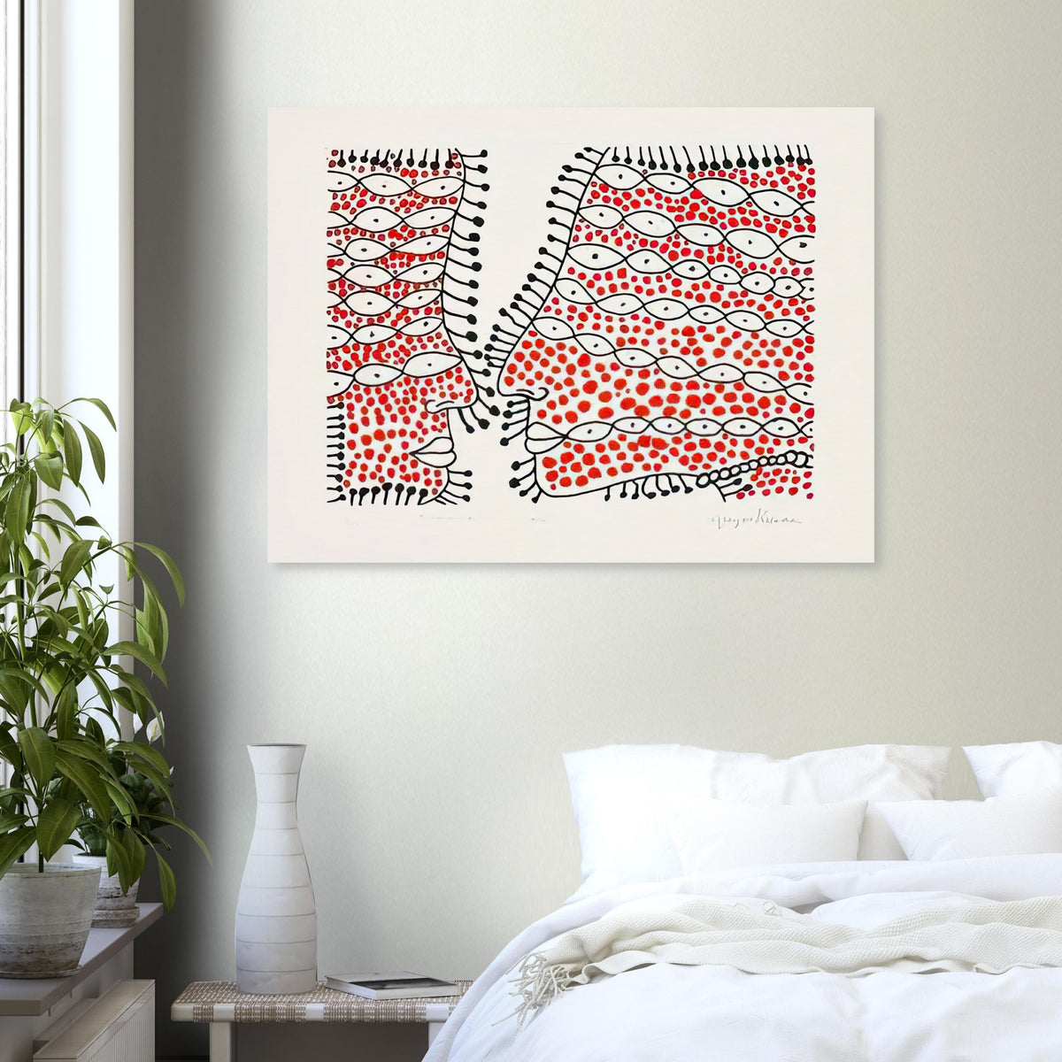 Yayoi Kusama poster — Beginning of Love suggests an intimate emotional moment expressed through Kusama’s recurring language of patterns and simple forms