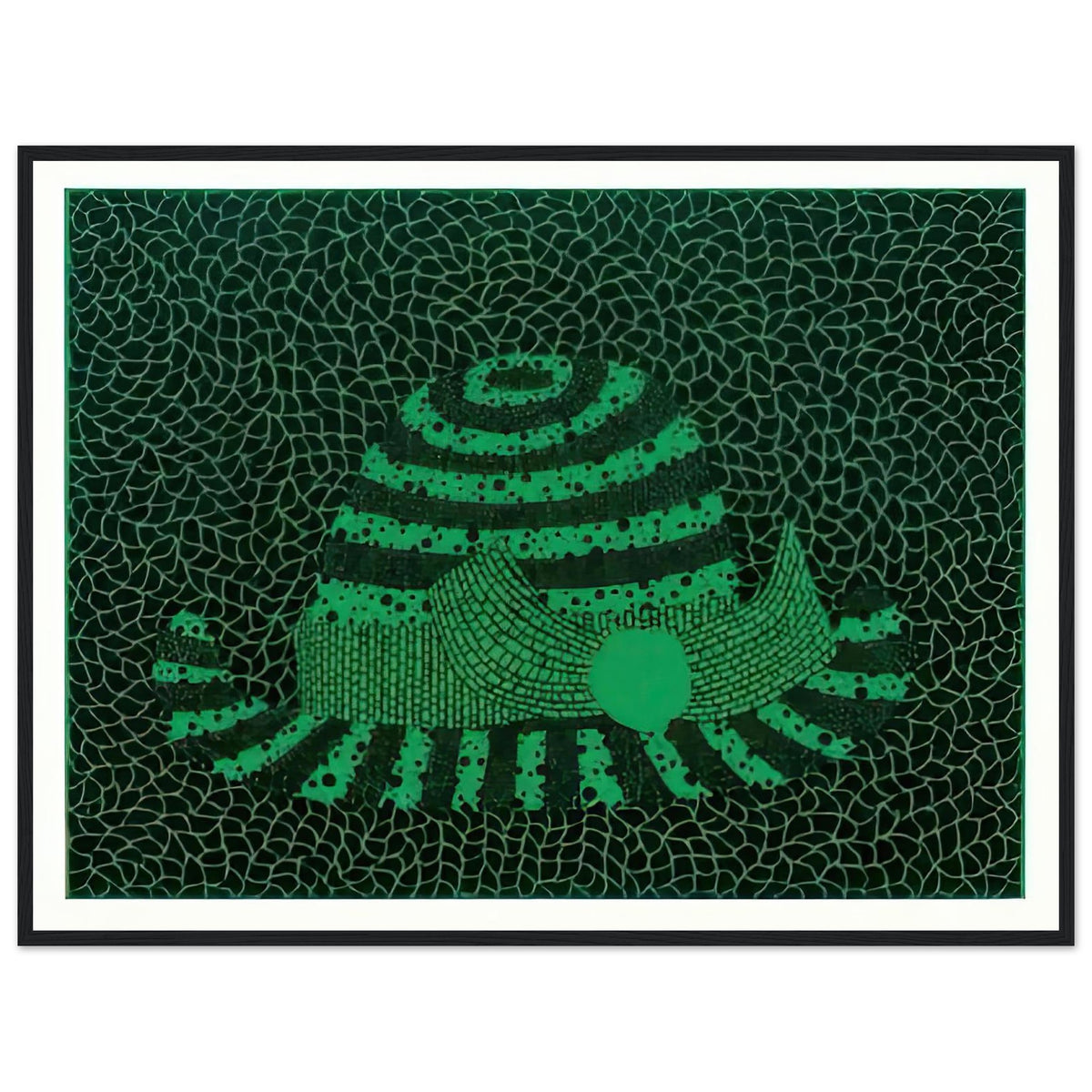 Yayoi Kusama framed print — Hat (Green) presents a familiar accessory as an exercise in changing color and graphic character, black frame, 60x80 cm / 24x32″